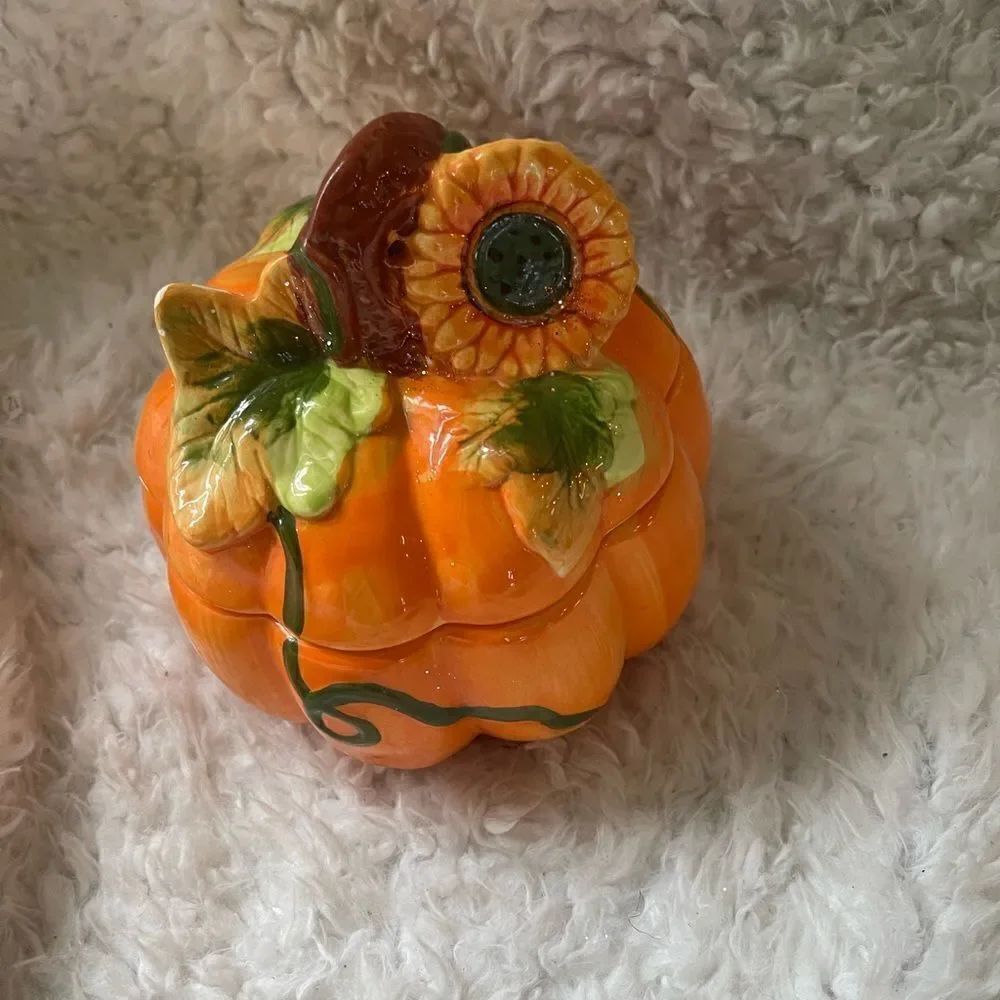 Ceramic Pumpkin Container Lidded Hand Painted Autmn Fall.Candy dish hold…